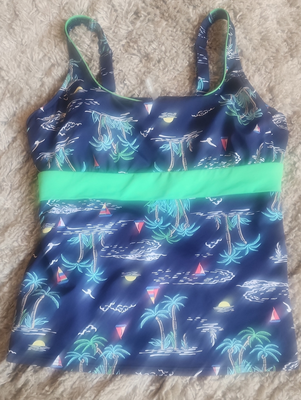 Women's Lands End Navy Tropical Tankini Top with Bright Green Band